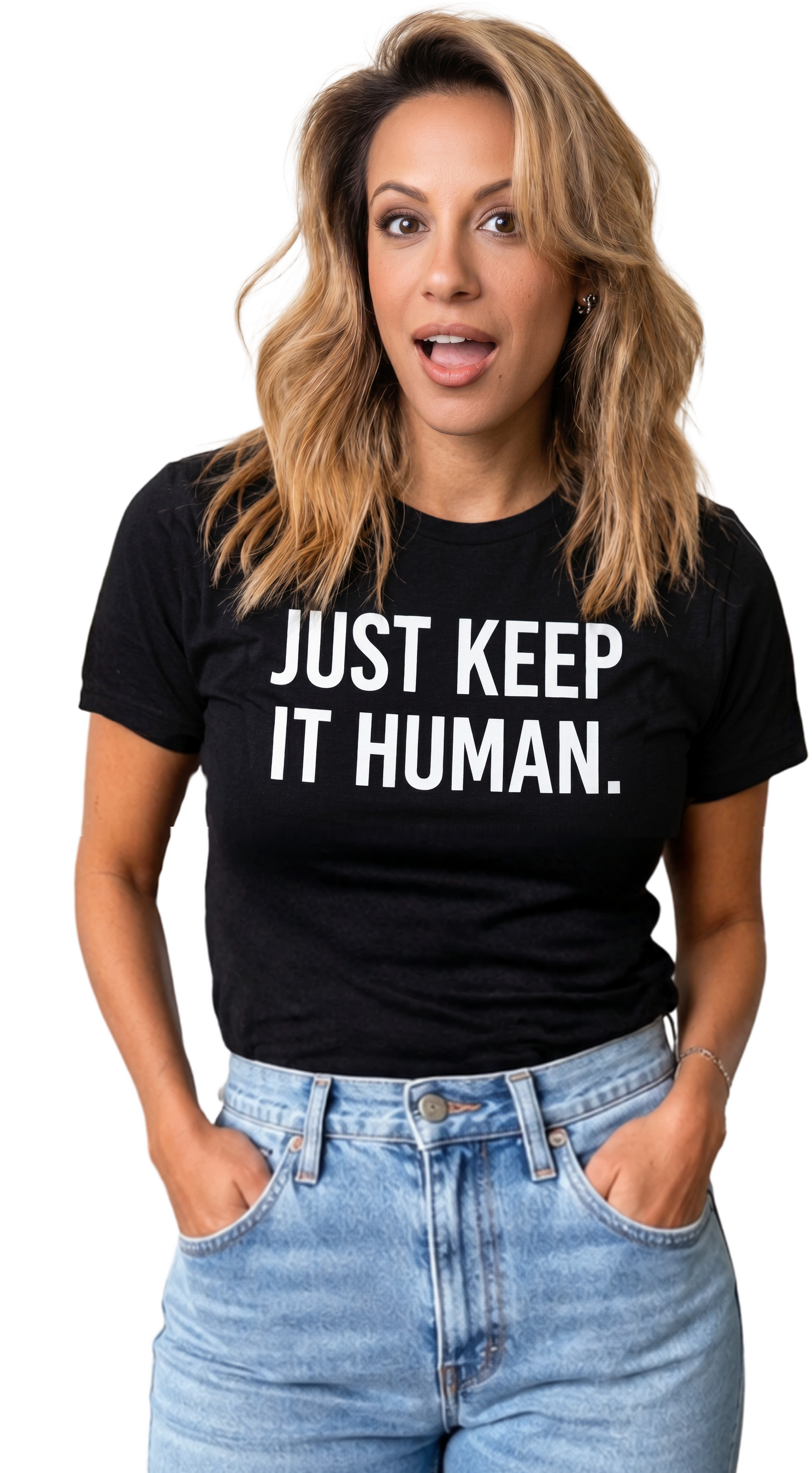 Victoria Tollossa wearing a Just Keep It Human t-shirt