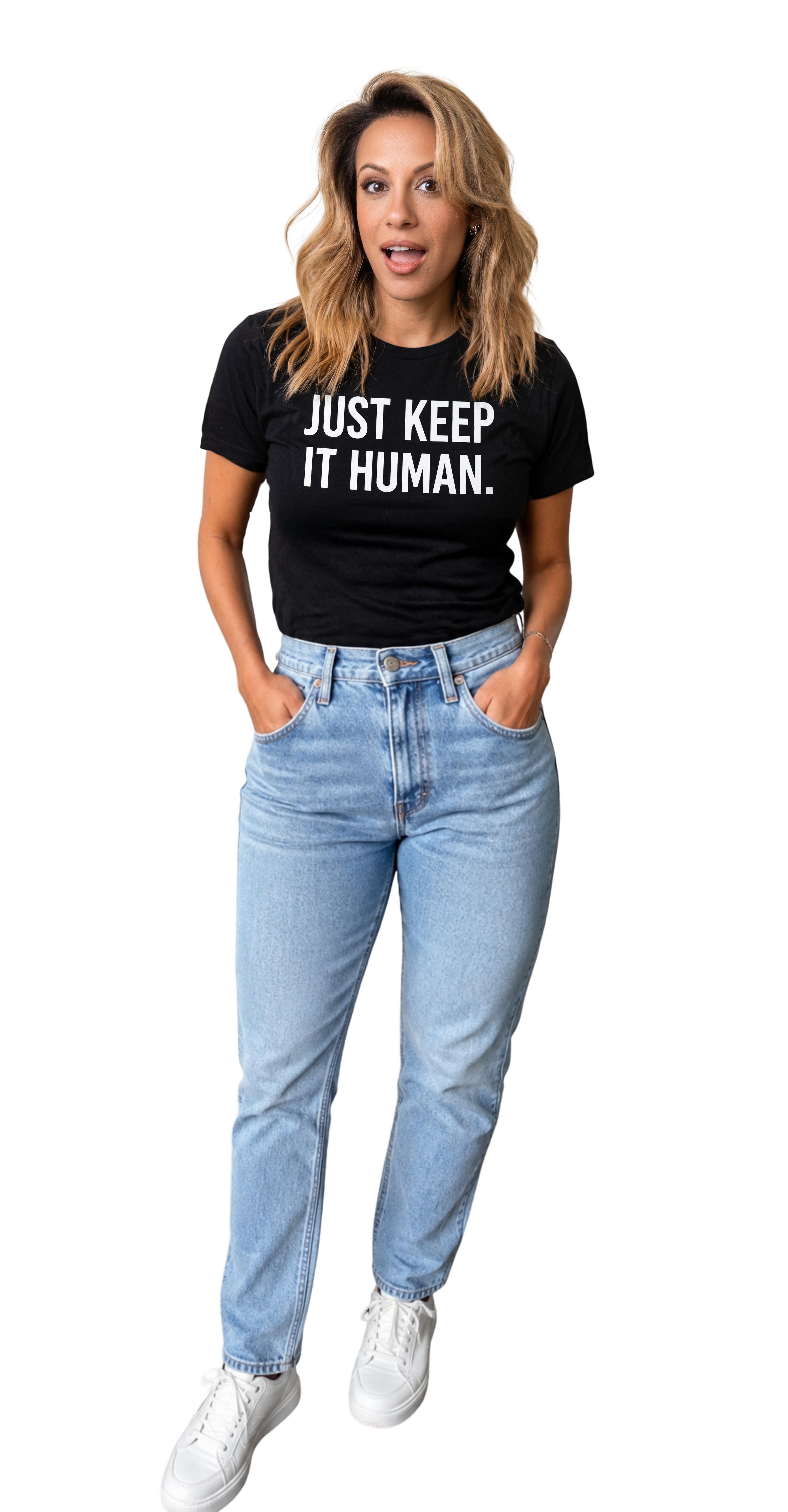 Victoria Tollossa wearing a Just Keep It Human t-shirt
